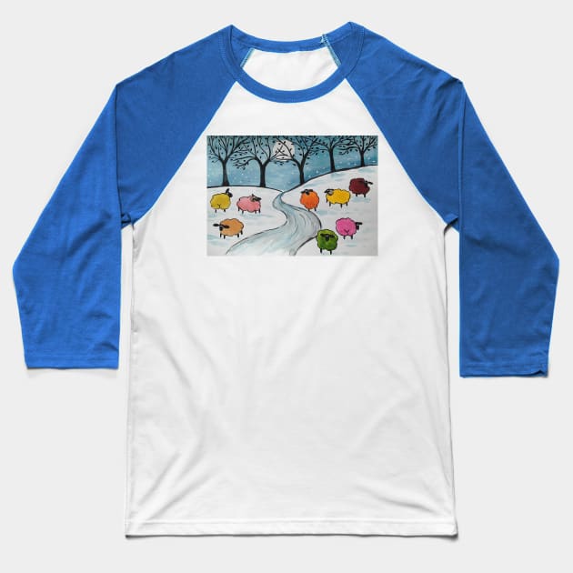 Quirky Colourful Sheep in the Snow Baseball T-Shirt by Casimirasquirkyart